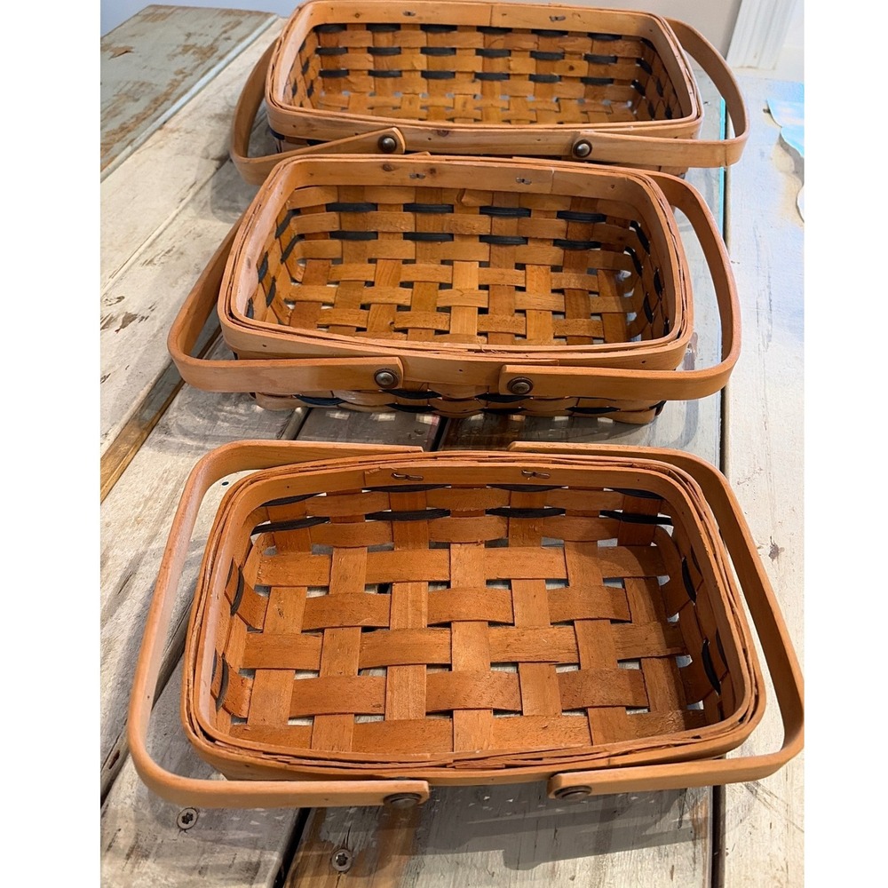 Vintage Set of (3) Rectangular Nesting Baskets Double Swing Handles Woven - Picture 3 of 16